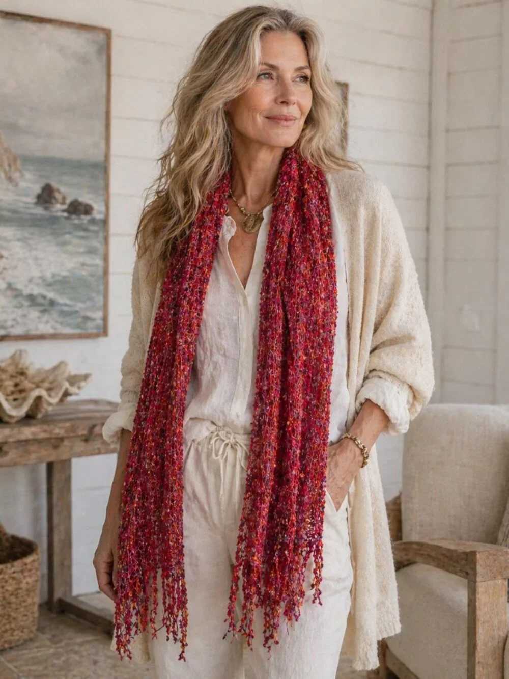 Vintage Textured Fringe Scarf – Red Pink Multi Knit | Soft Luxe Wrap